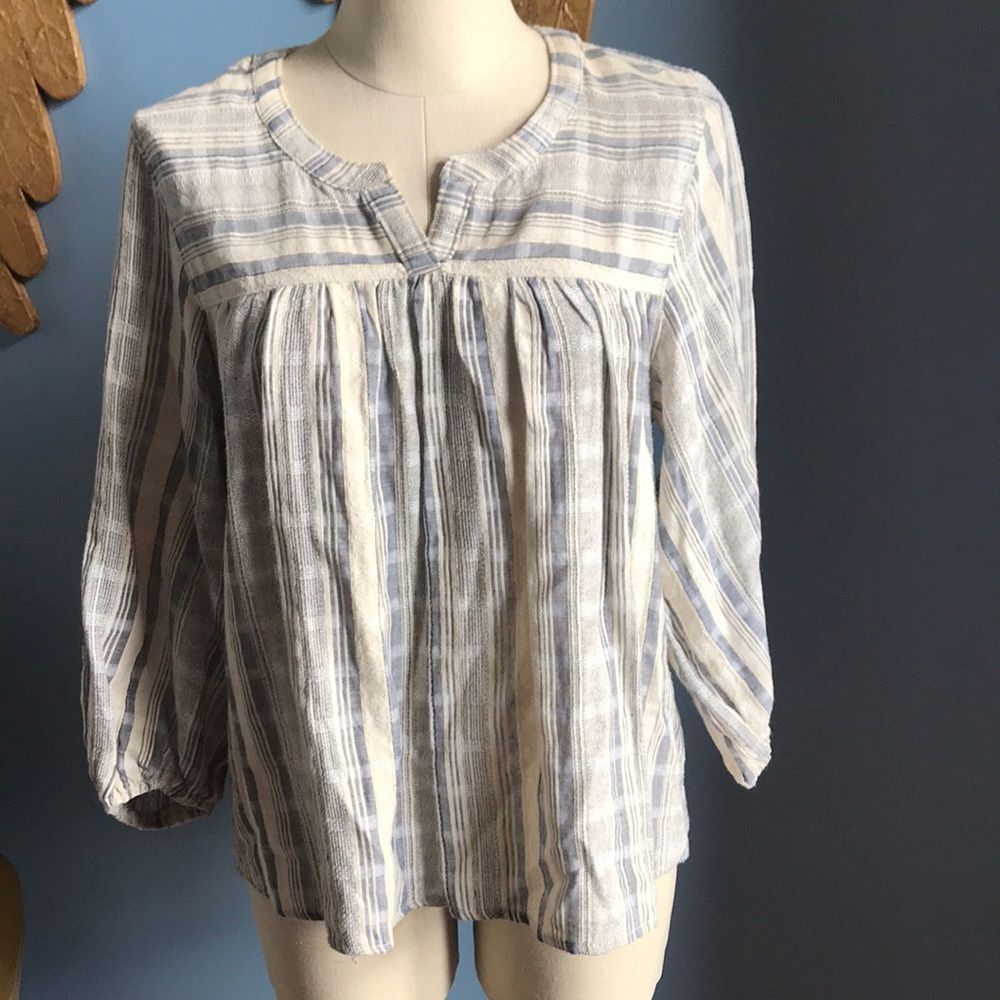 Knox Rose cream blue striped boho peasant cotton baby doll top 3/4 sleeve size S